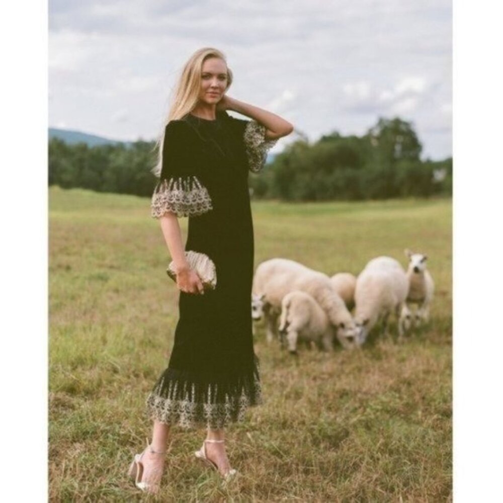 Pomander Place Black Maxi Dress with Cream Lace Trim